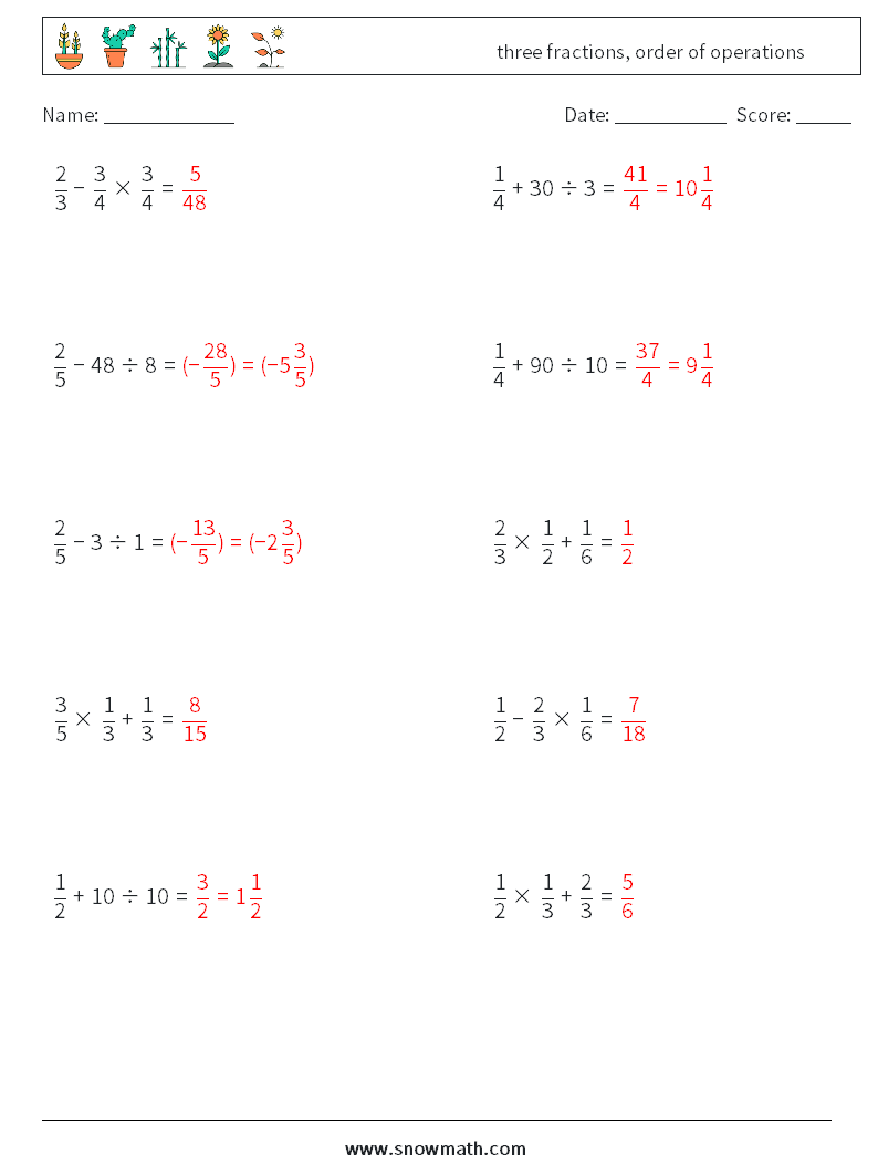 three fractions, order of operations Maths Worksheets 4 Question, Answer
