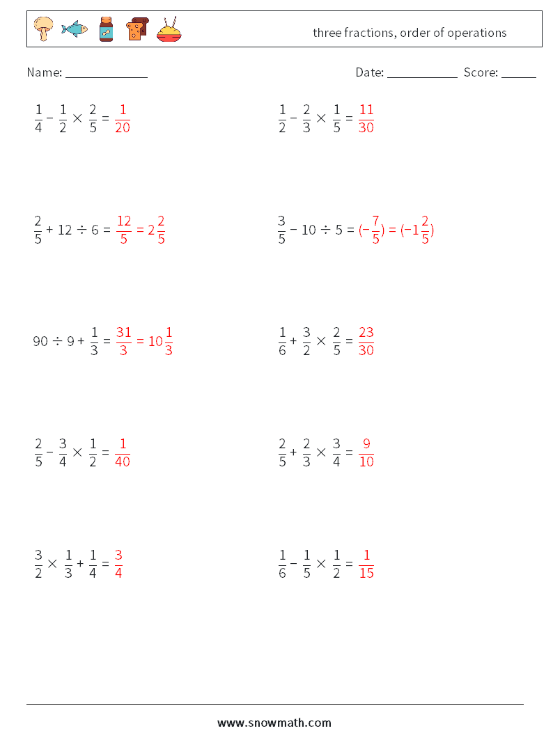three fractions, order of operations Maths Worksheets 5 Question, Answer