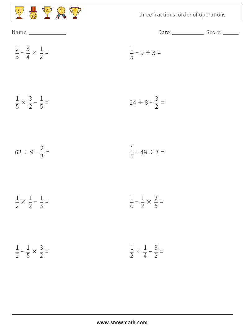 three fractions, order of operations Maths Worksheets 6