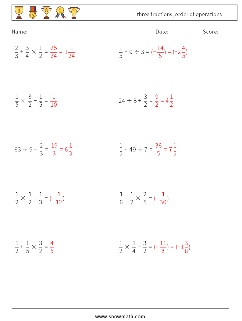 three fractions, order of operations Maths Worksheets 6 Question, Answer