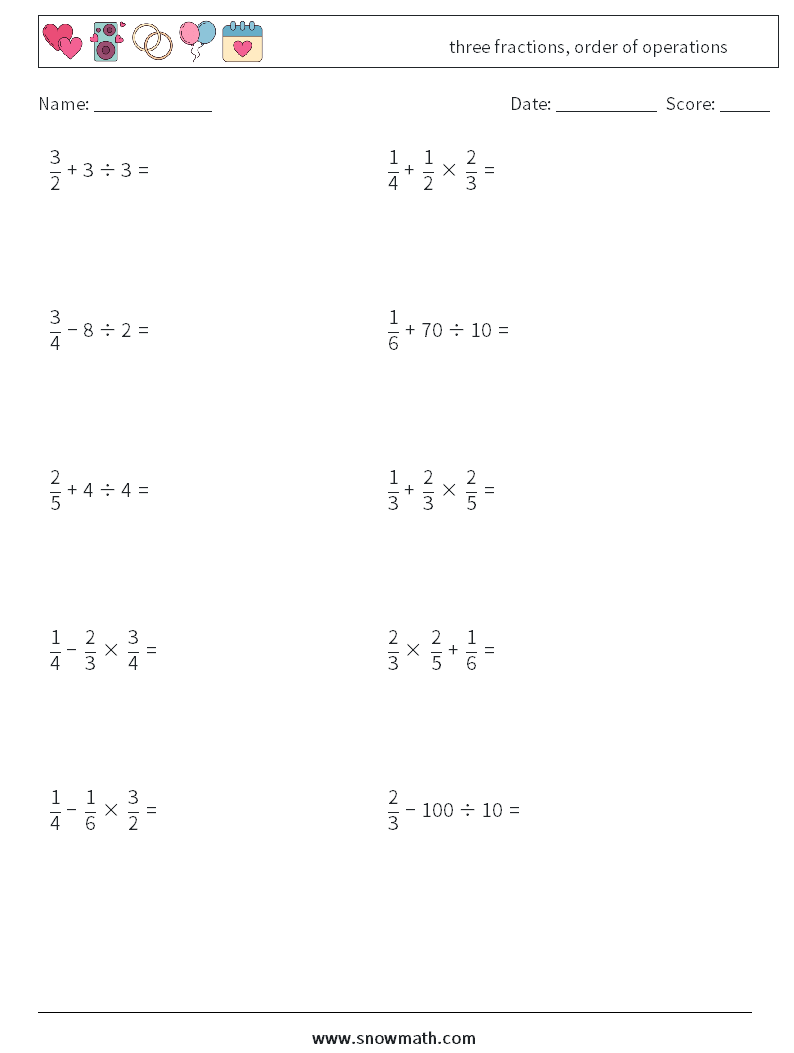 three fractions, order of operations Maths Worksheets 7