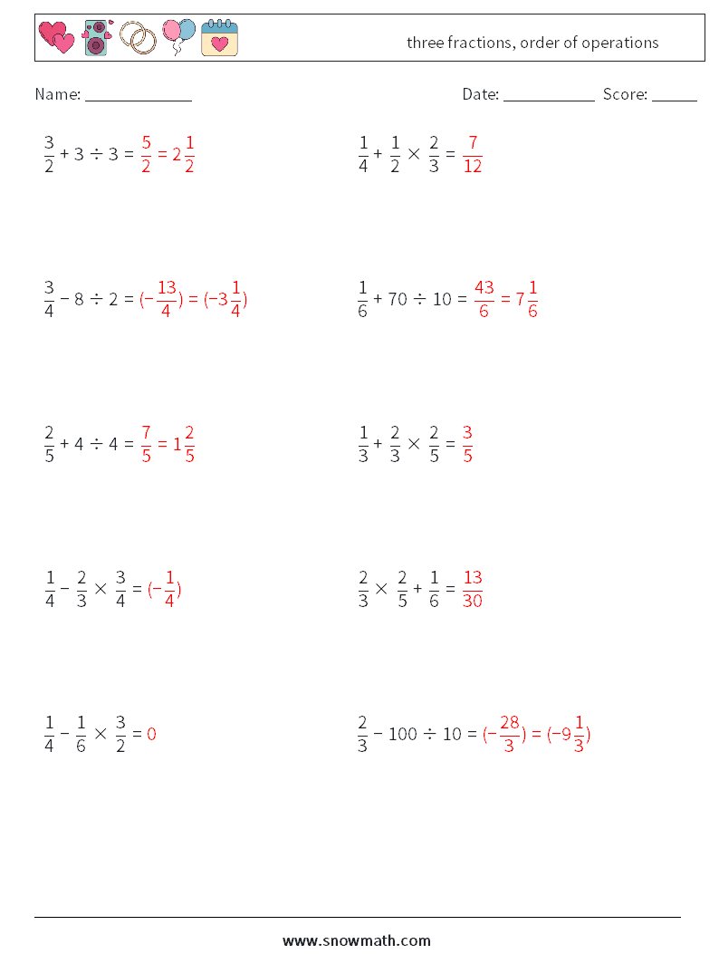 three fractions, order of operations Maths Worksheets 7 Question, Answer