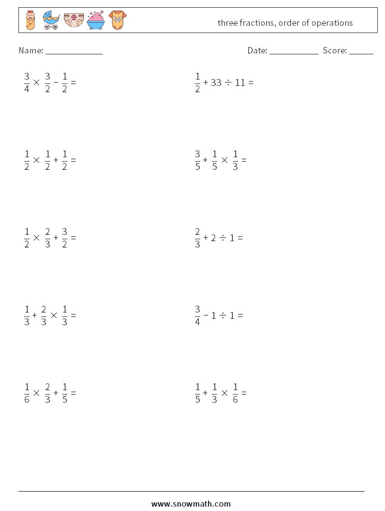 three fractions, order of operations Maths Worksheets 8