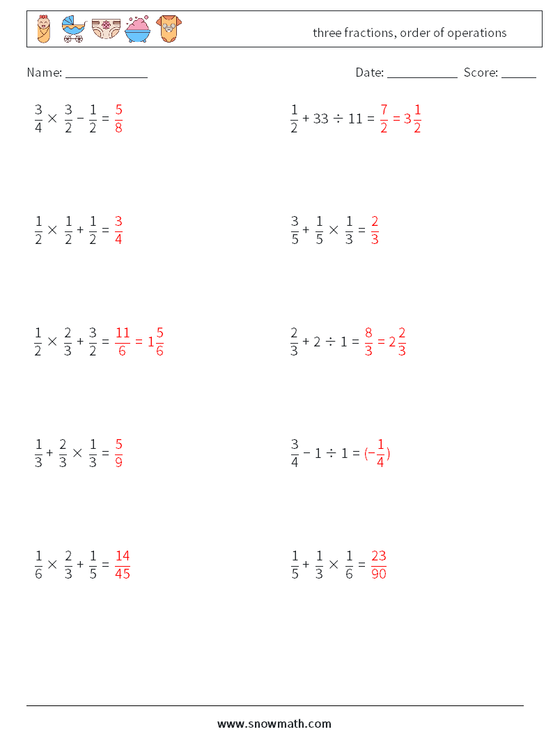 three fractions, order of operations Maths Worksheets 8 Question, Answer