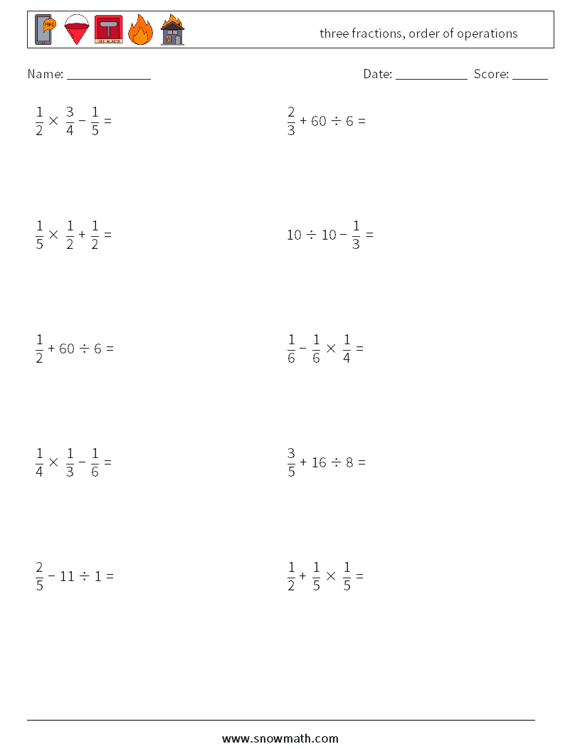 three fractions, order of operations Maths Worksheets 9
