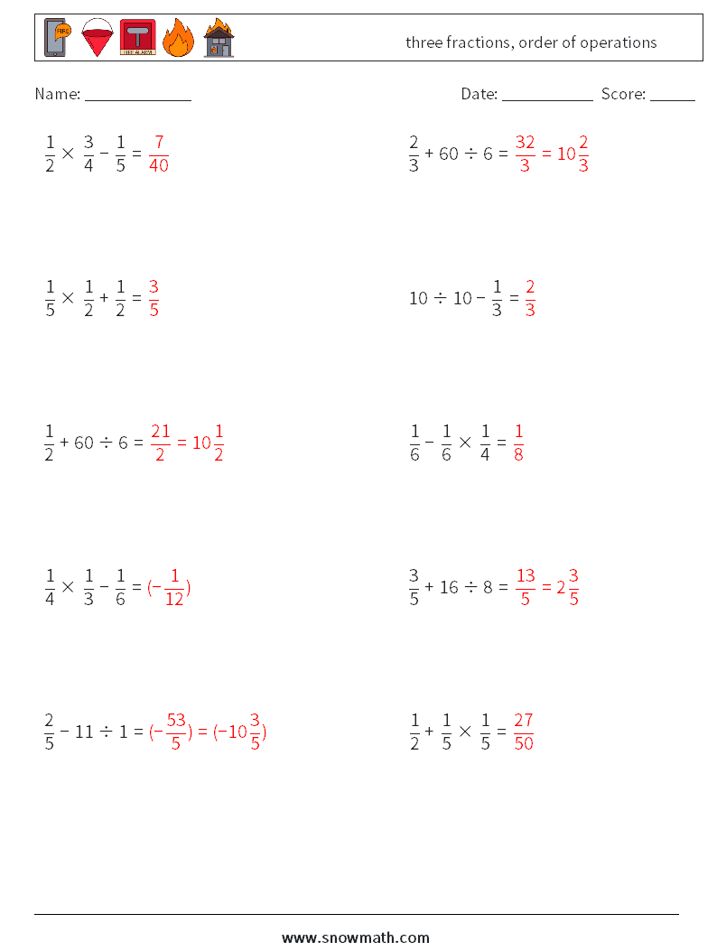 three fractions, order of operations Maths Worksheets 9 Question, Answer