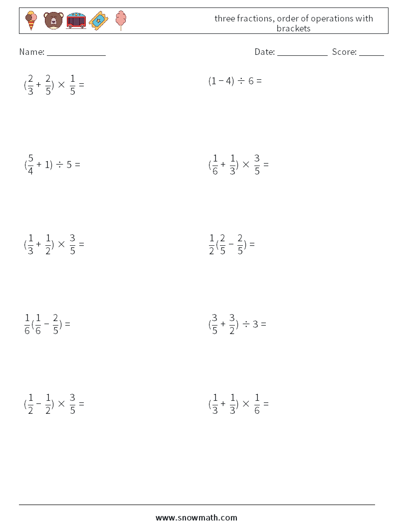 three fractions, order of operations with brackets Maths Worksheets 11