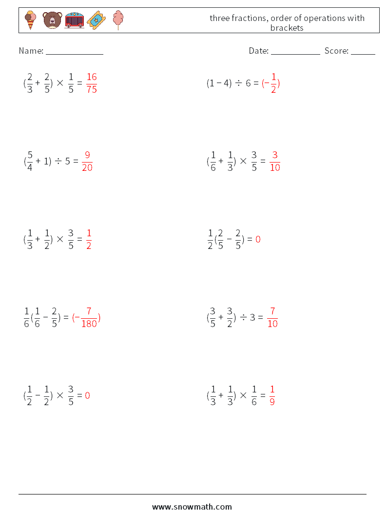 three fractions, order of operations with brackets Maths Worksheets 11 Question, Answer