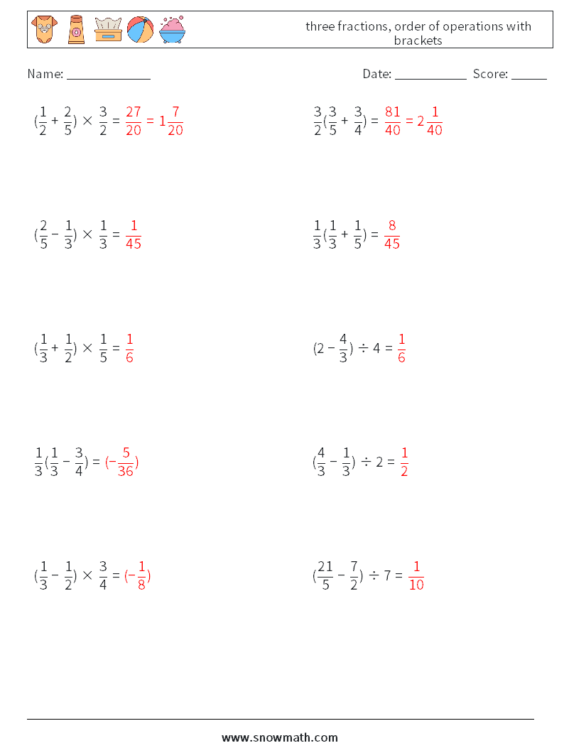three fractions, order of operations with brackets Maths Worksheets 12 Question, Answer