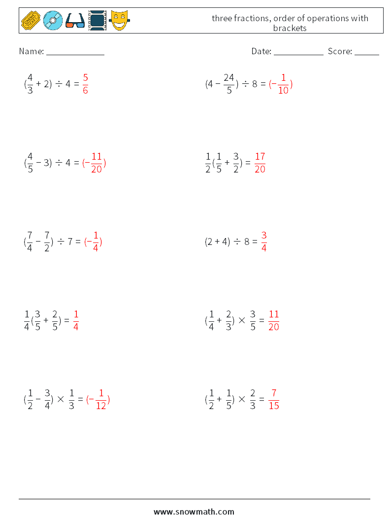 three fractions, order of operations with brackets Maths Worksheets 13 Question, Answer