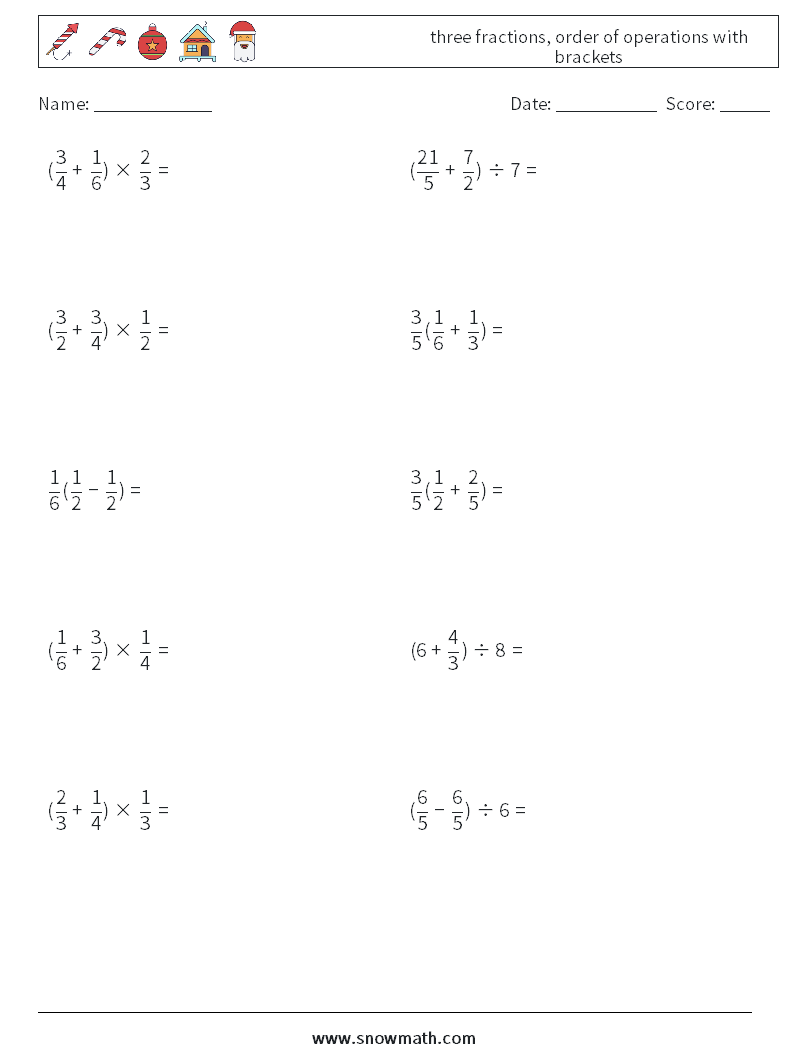 three fractions, order of operations with brackets Maths Worksheets 14