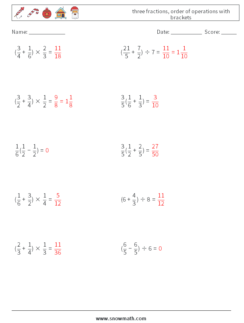 three fractions, order of operations with brackets Maths Worksheets 14 Question, Answer