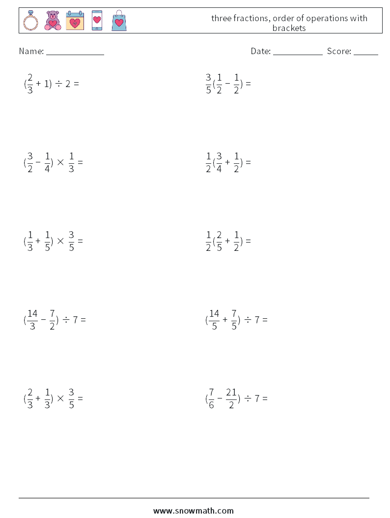 three fractions, order of operations with brackets Maths Worksheets 15