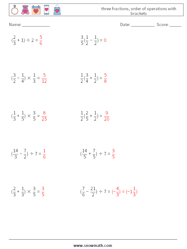 three fractions, order of operations with brackets Maths Worksheets 15 Question, Answer
