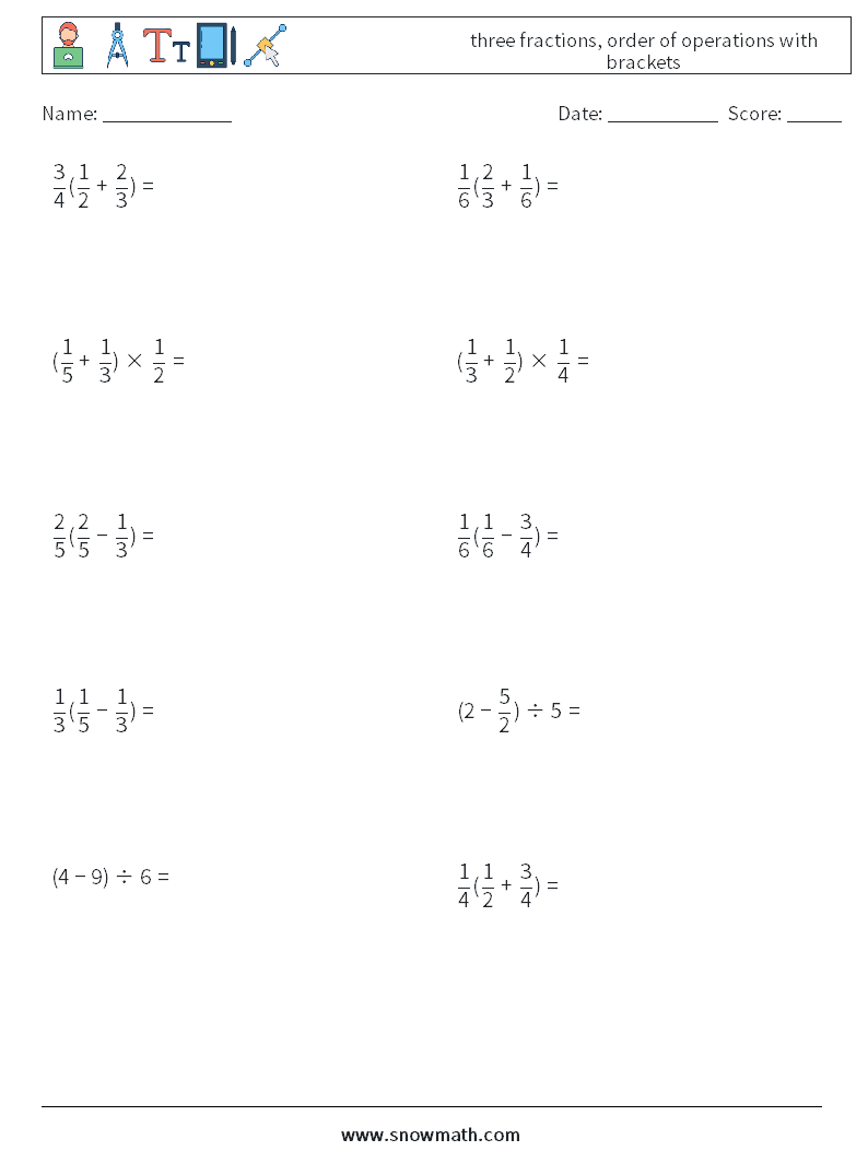 three fractions, order of operations with brackets Maths Worksheets 16