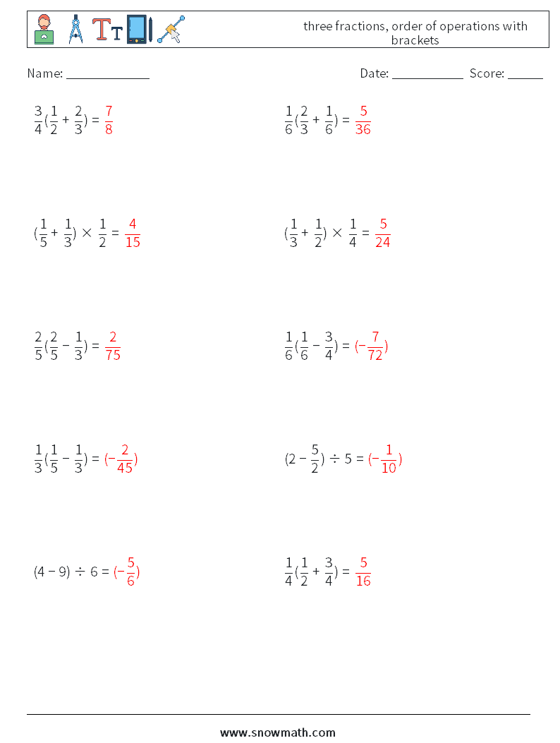 three fractions, order of operations with brackets Maths Worksheets 16 Question, Answer