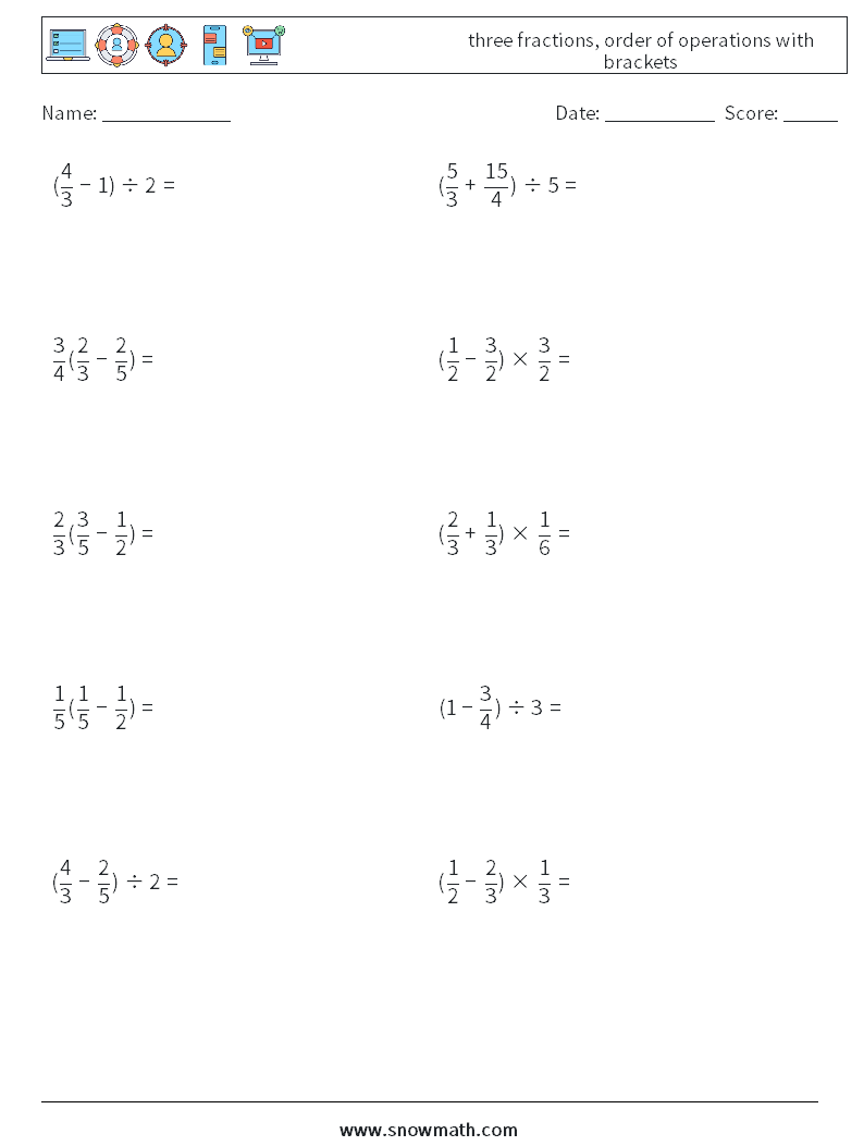 three fractions, order of operations with brackets Maths Worksheets 17