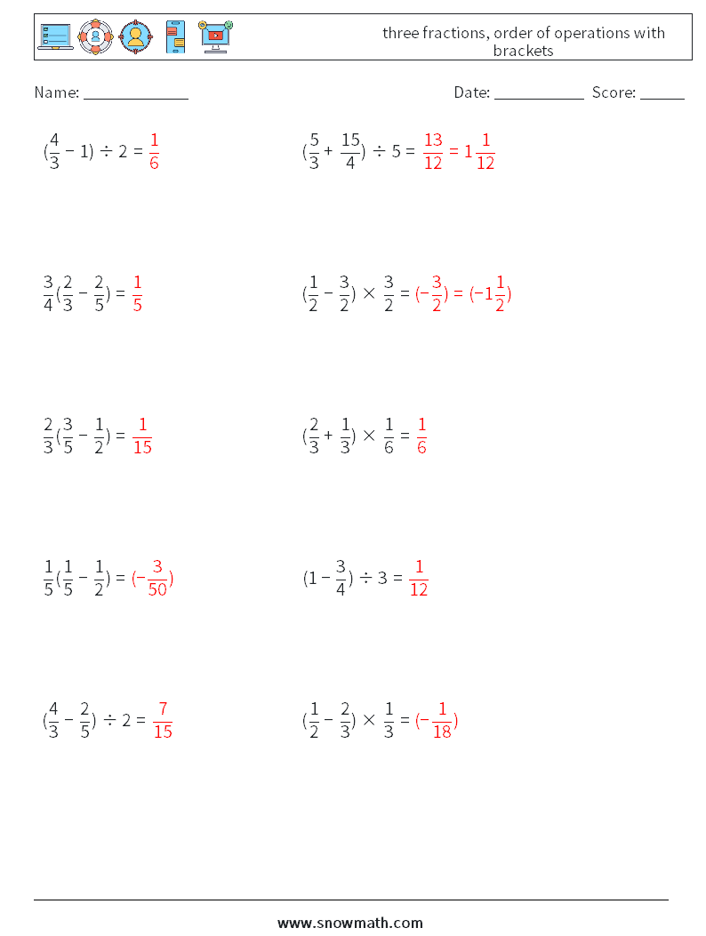three fractions, order of operations with brackets Maths Worksheets 17 Question, Answer