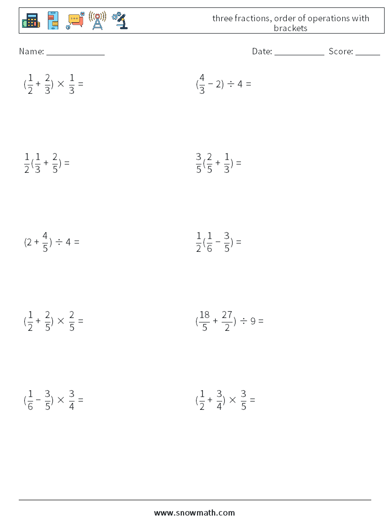 three fractions, order of operations with brackets Maths Worksheets 18