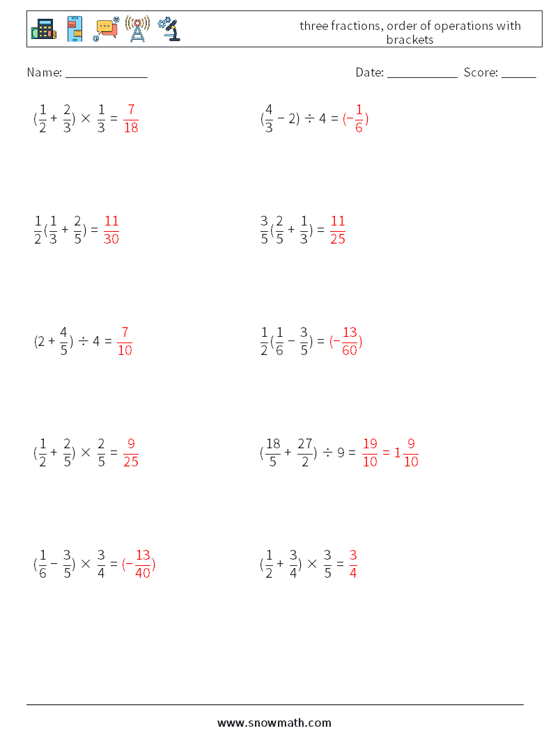 three fractions, order of operations with brackets Maths Worksheets 18 Question, Answer