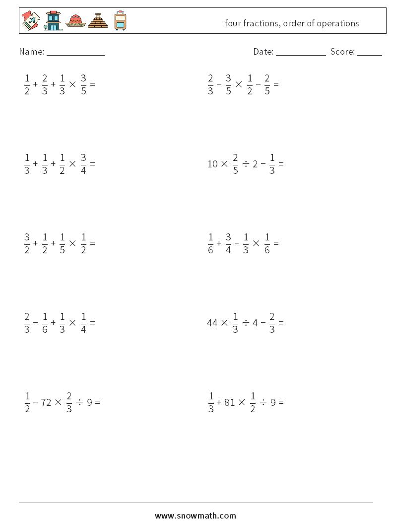 four fractions, order of operations Maths Worksheets 17