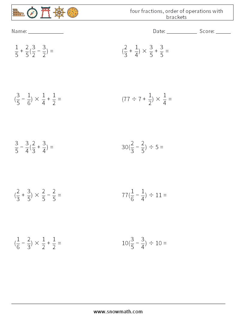 four fractions, order of operations with brackets Maths Worksheets 17