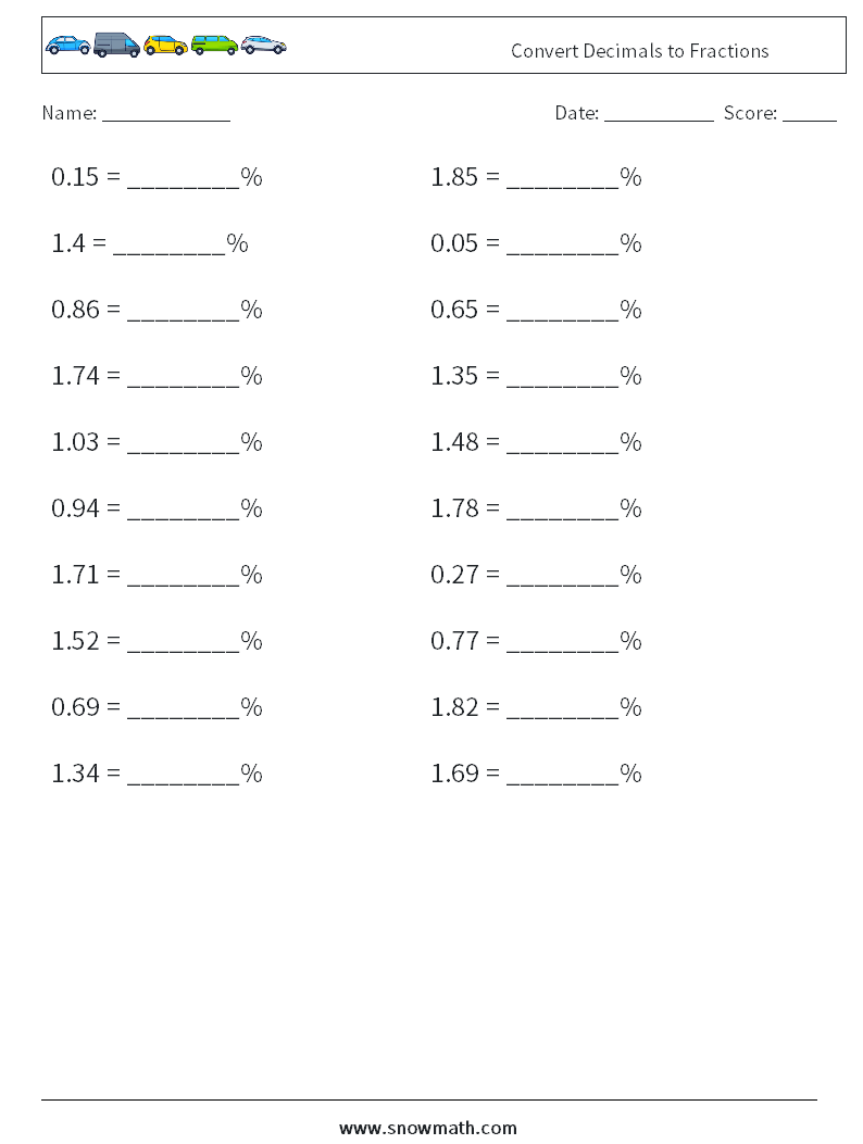 Convert Decimals to Fractions Maths Worksheets 1