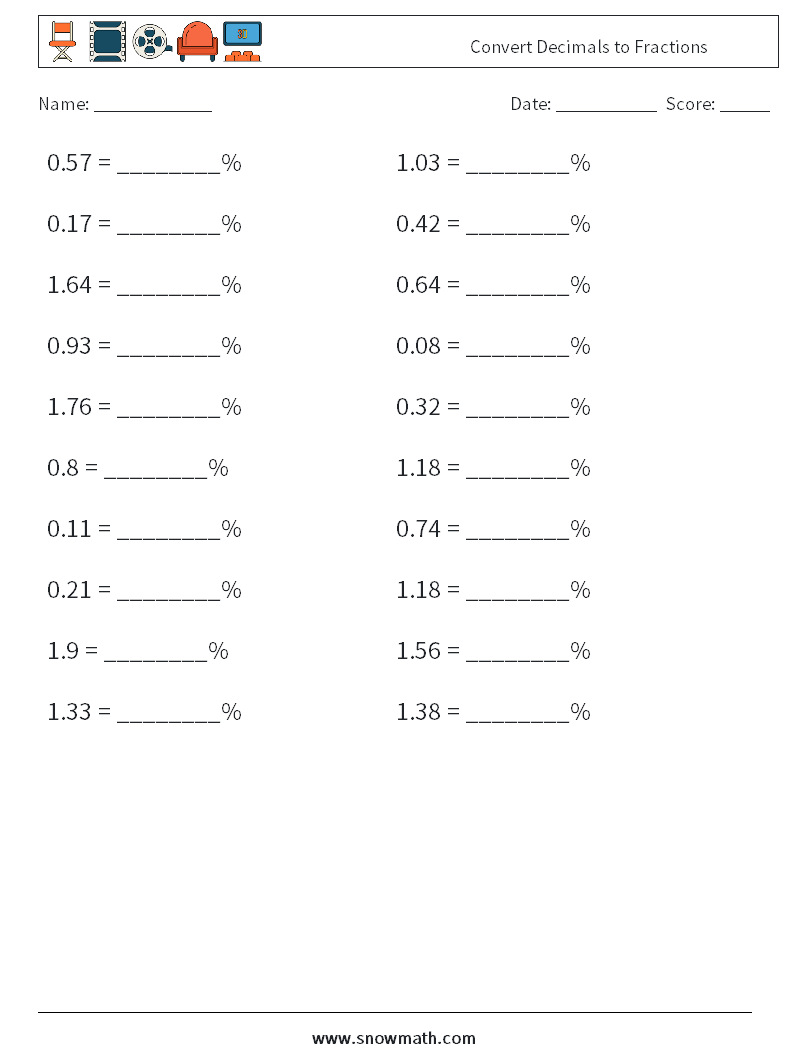 Convert Decimals to Fractions Maths Worksheets 3