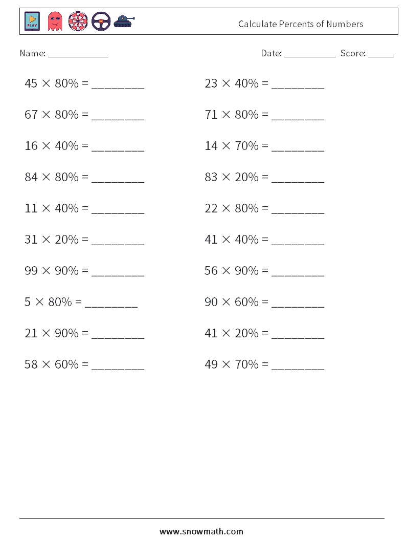 Calculate Percents of Numbers Maths Worksheets 1