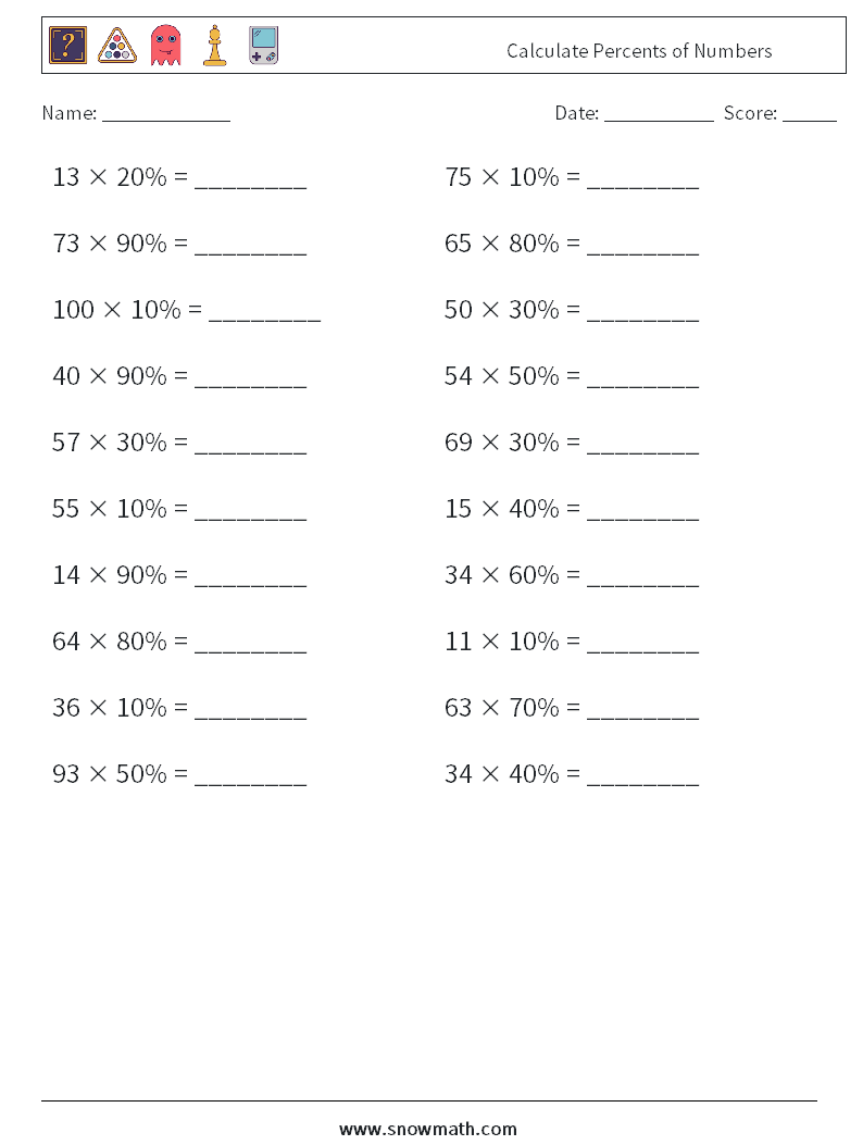 Calculate Percents of Numbers Maths Worksheets 3