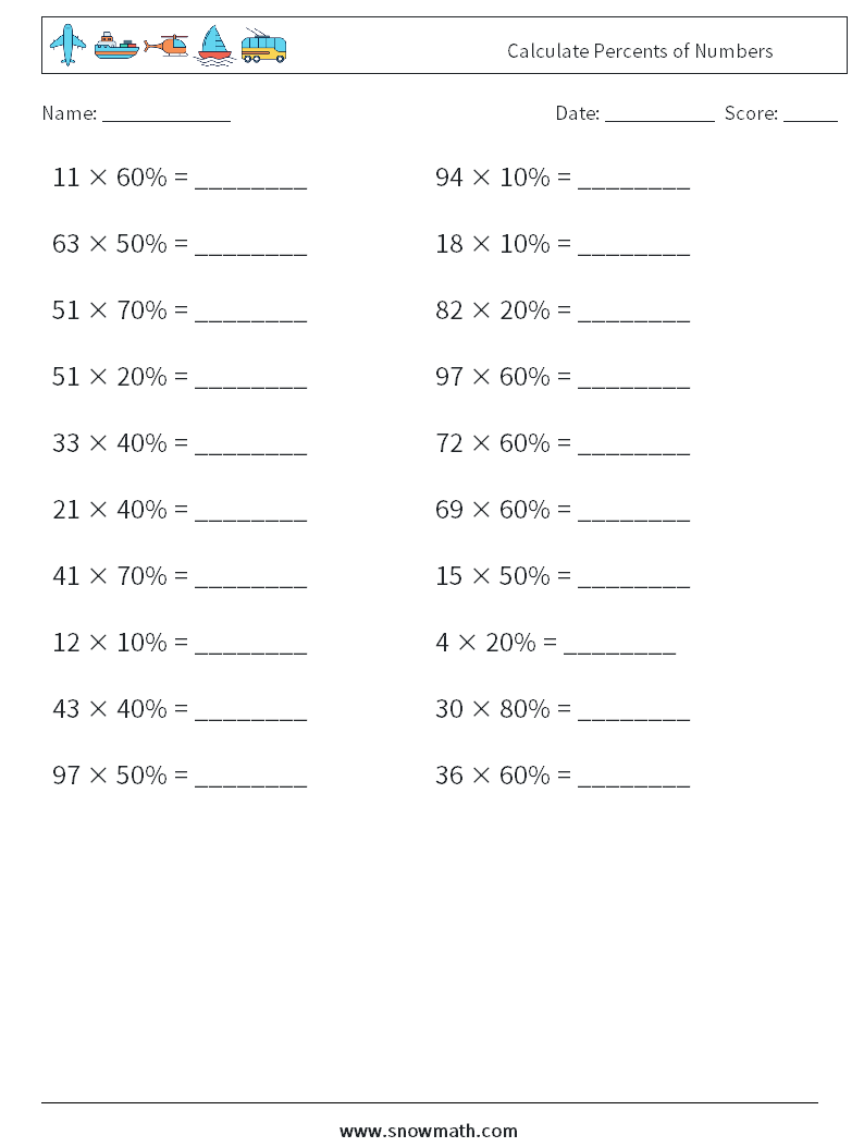 Calculate Percents of Numbers Maths Worksheets 5