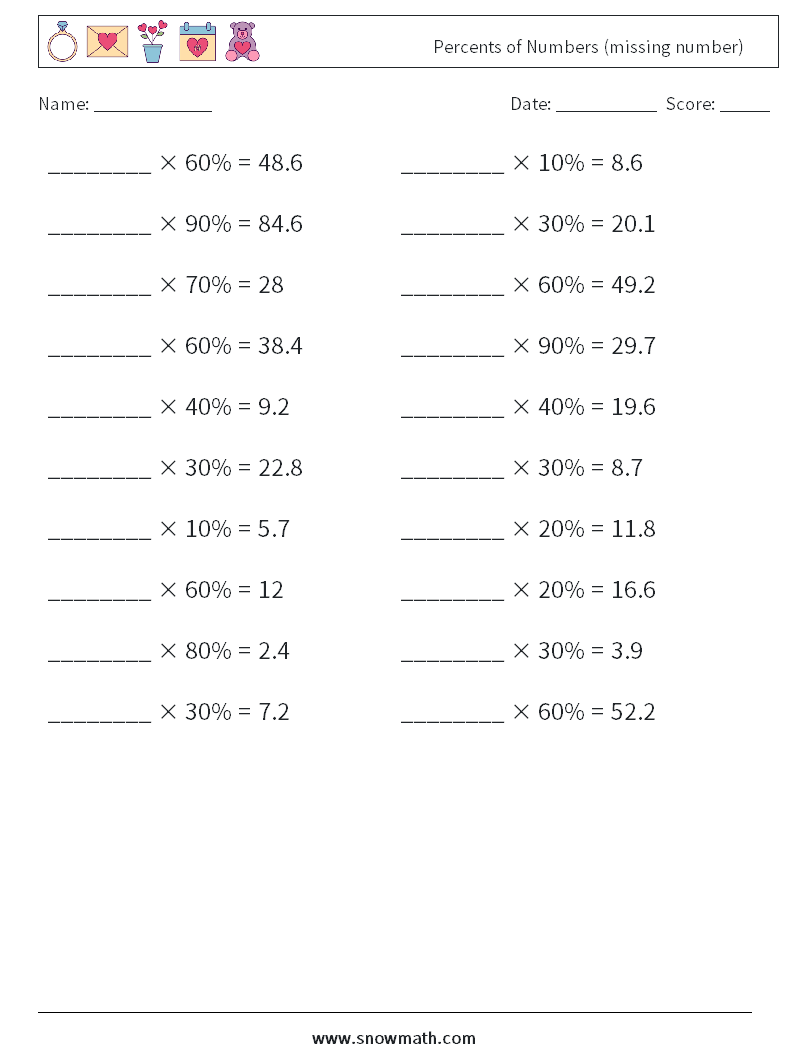 Percents of Numbers (missing number) Maths Worksheets 1