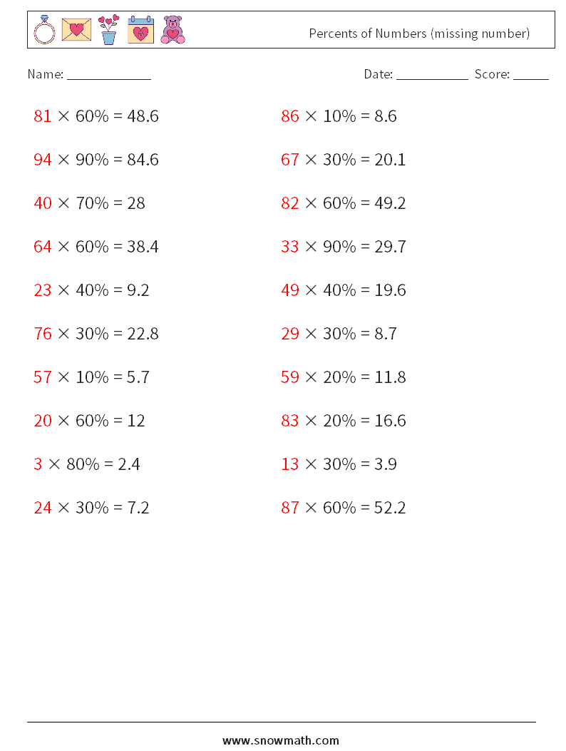 Percents of Numbers (missing number) Maths Worksheets 1 Question, Answer