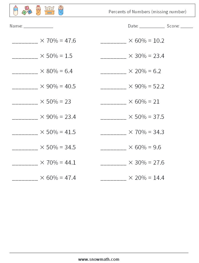 Percents of Numbers (missing number) Maths Worksheets 2