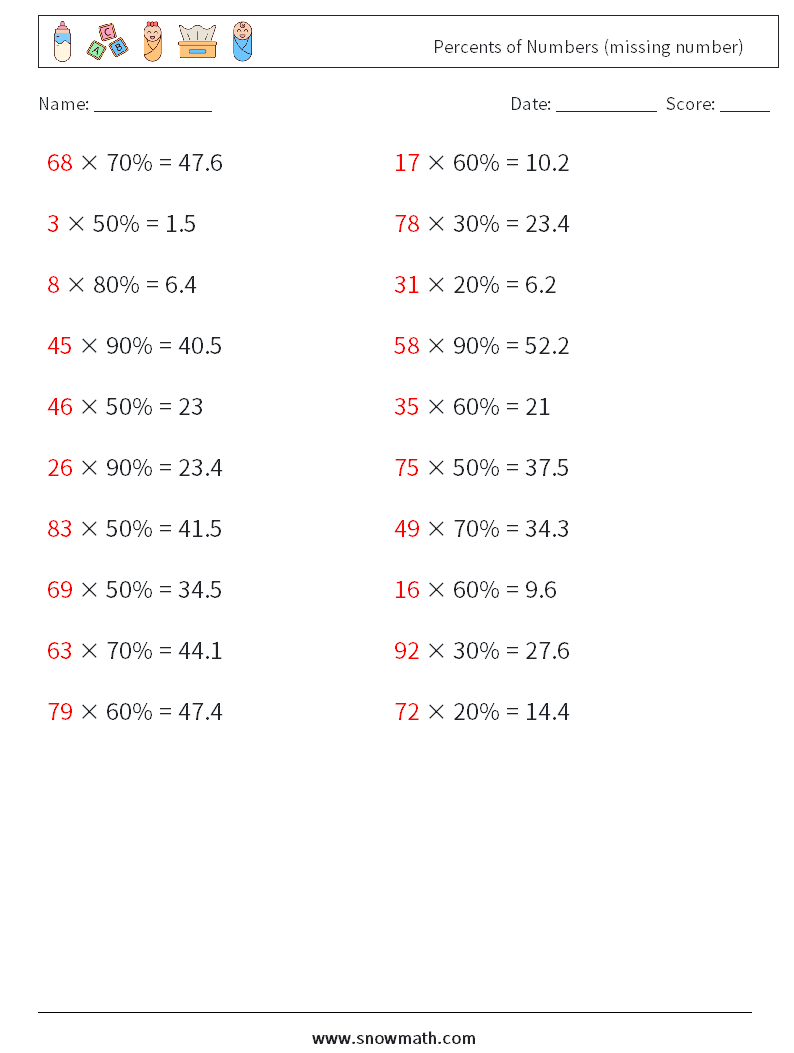 Percents of Numbers (missing number) Maths Worksheets 2 Question, Answer