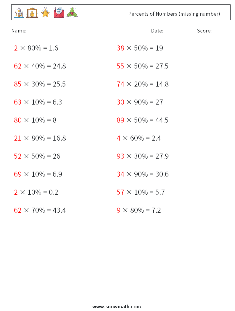 Percents of Numbers (missing number) Maths Worksheets 3 Question, Answer