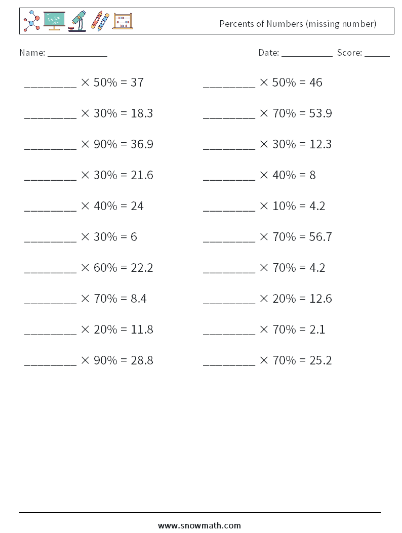 Percents of Numbers (missing number) Maths Worksheets 5