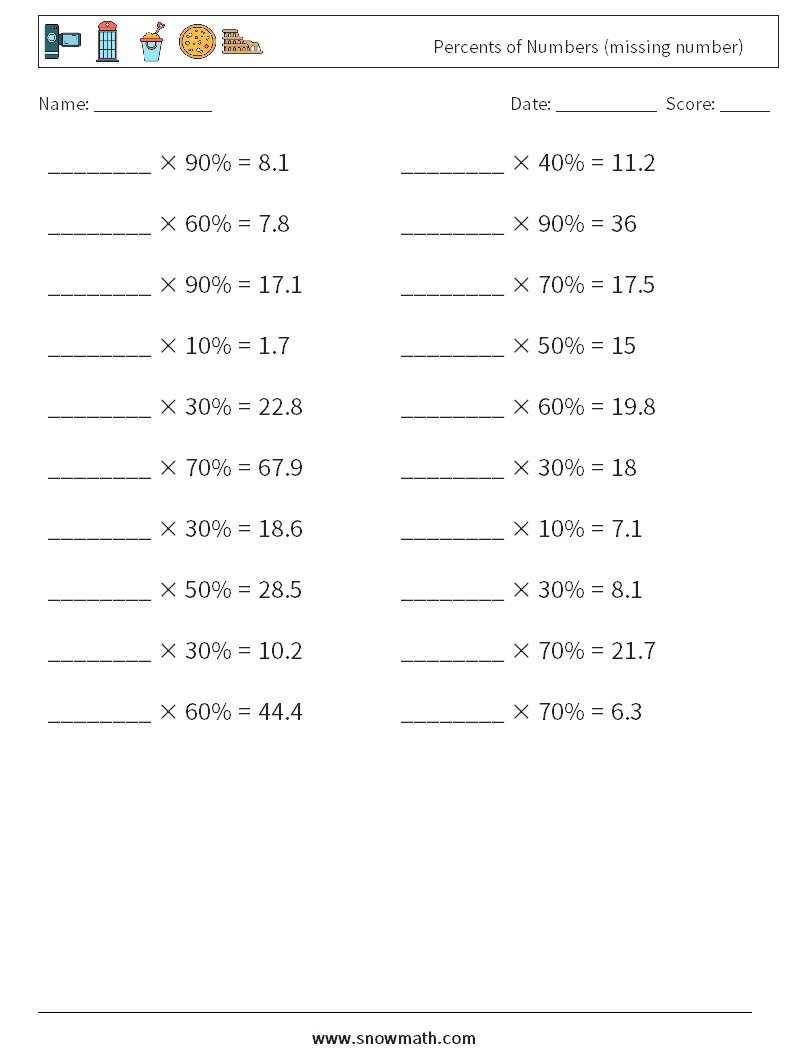 Percents of Numbers (missing number) Maths Worksheets 6