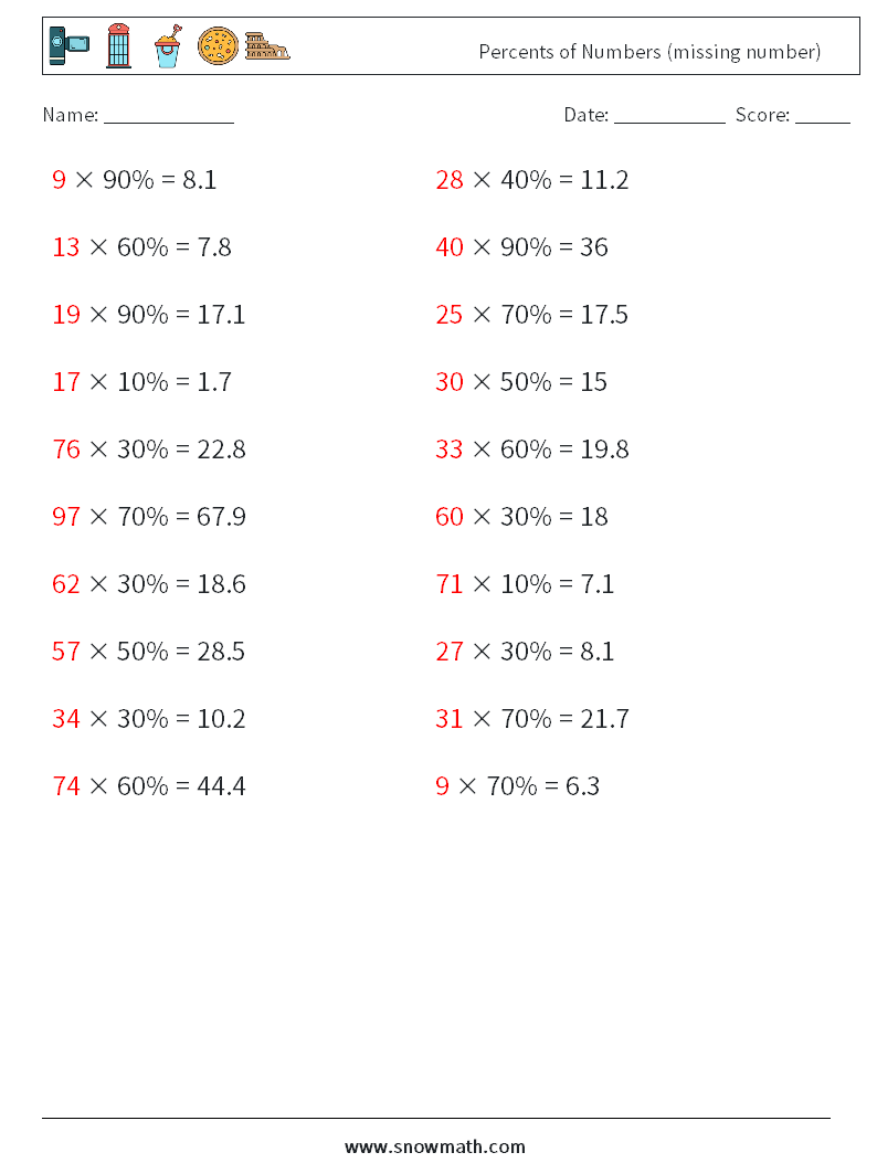 Percents of Numbers (missing number) Maths Worksheets 6 Question, Answer