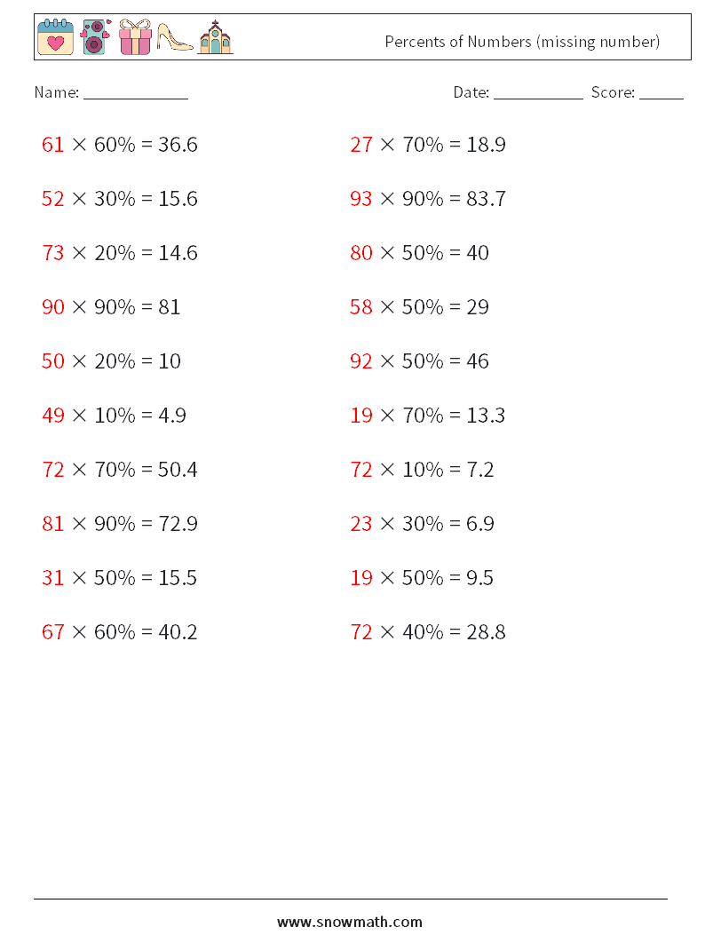 Percents of Numbers (missing number) Maths Worksheets 7 Question, Answer