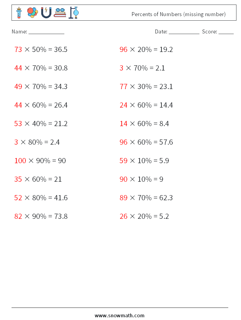 Percents of Numbers (missing number) Maths Worksheets 8 Question, Answer