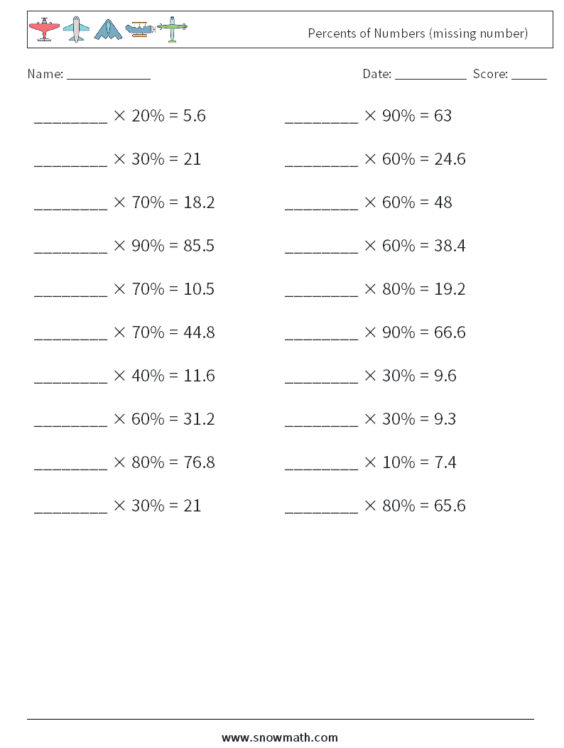 Percents of Numbers (missing number) Maths Worksheets 9