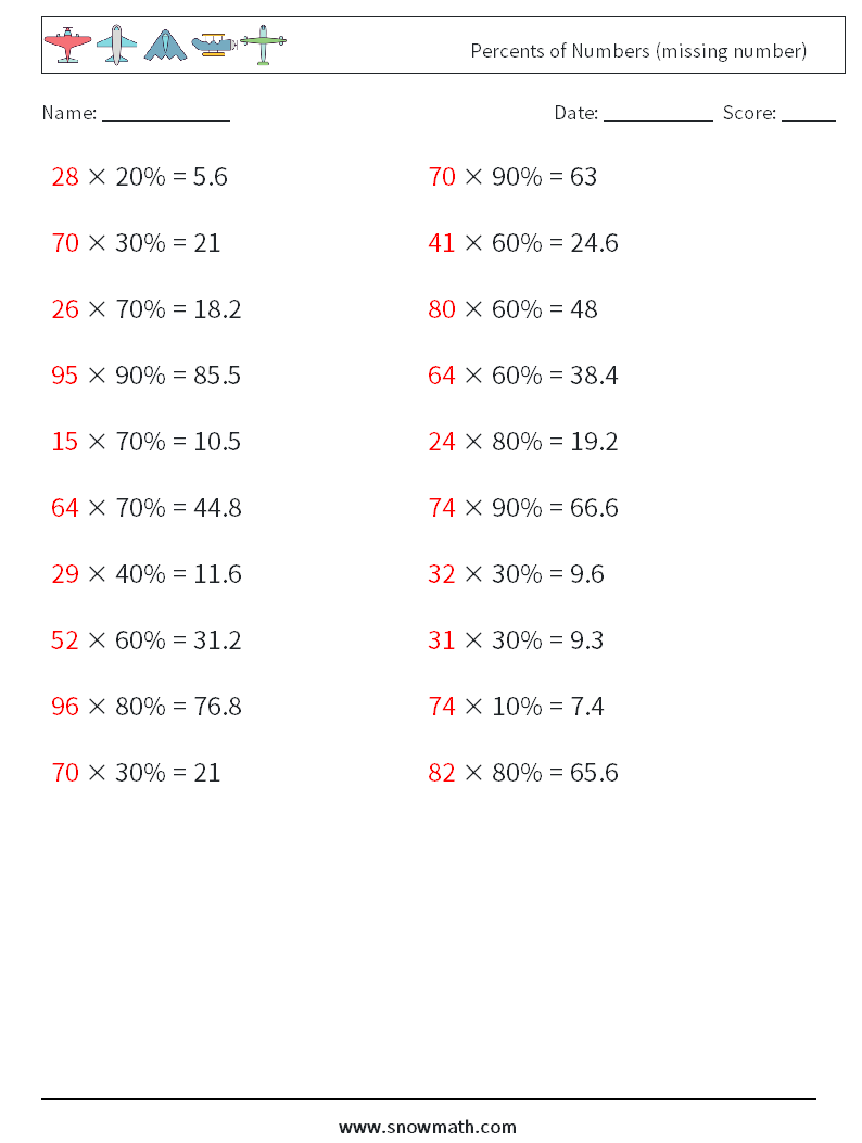 Percents of Numbers (missing number) Maths Worksheets 9 Question, Answer