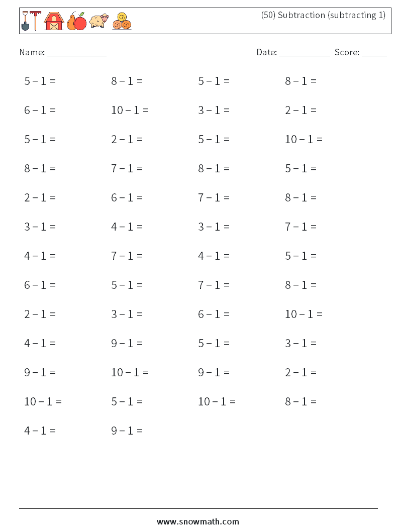 (50) Subtraction (subtracting 1) Maths Worksheets 1