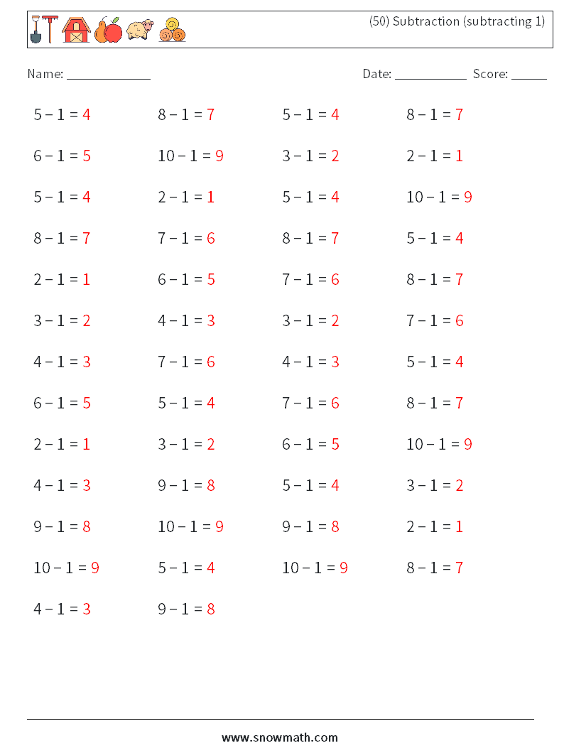 (50) Subtraction (subtracting 1) Maths Worksheets 1 Question, Answer