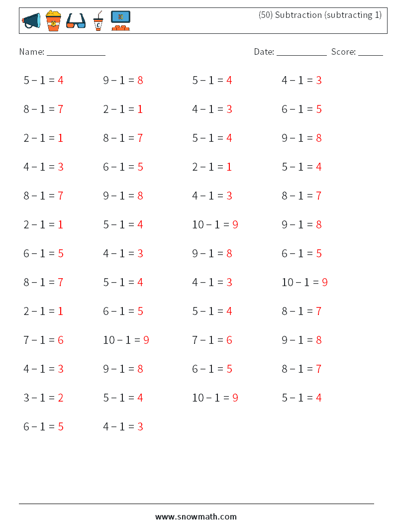 (50) Subtraction (subtracting 1) Maths Worksheets 3 Question, Answer