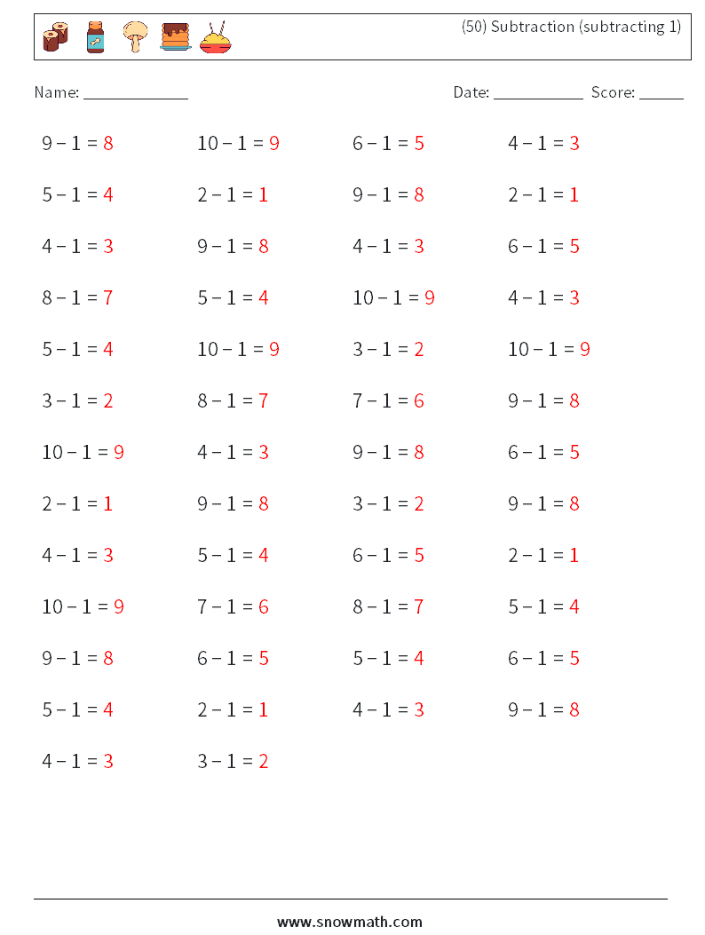 (50) Subtraction (subtracting 1) Maths Worksheets 4 Question, Answer