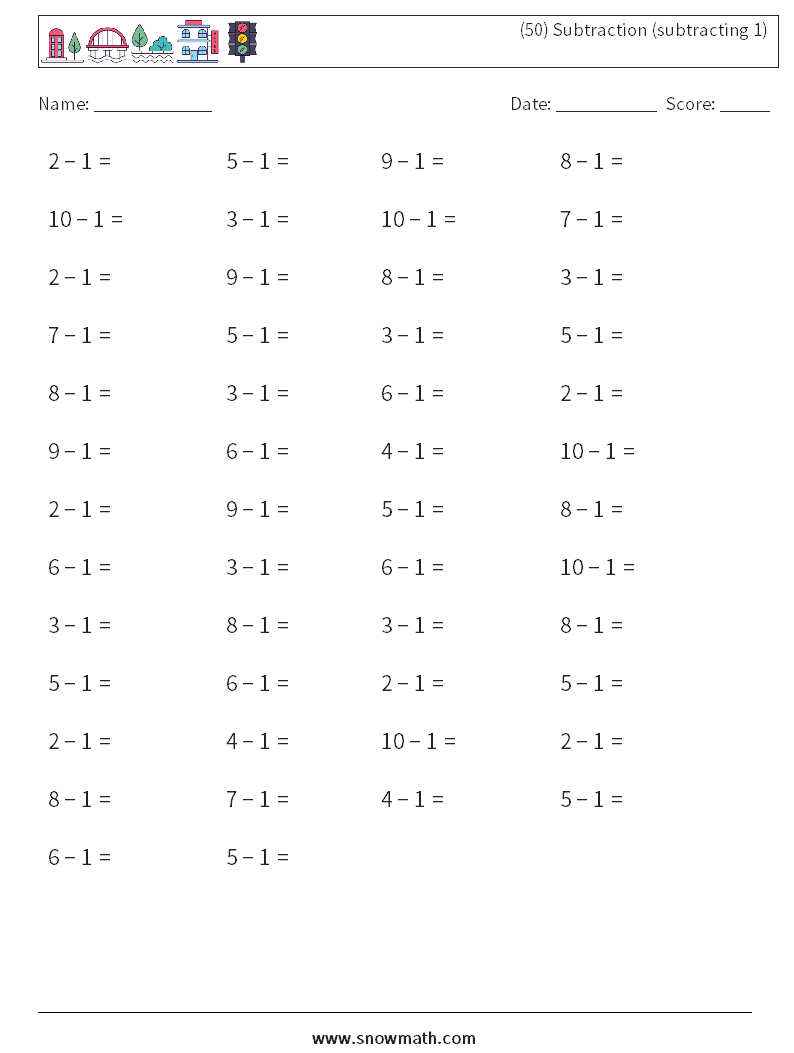 (50) Subtraction (subtracting 1) Maths Worksheets 5