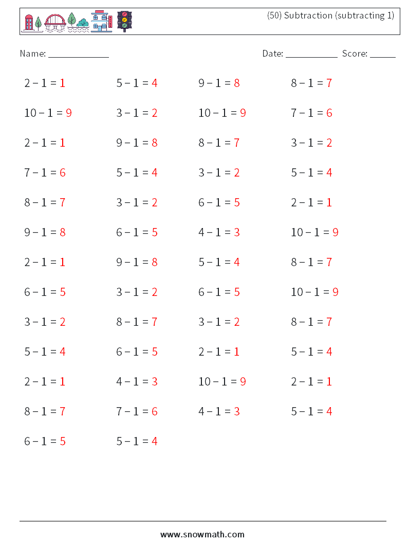 (50) Subtraction (subtracting 1) Maths Worksheets 5 Question, Answer