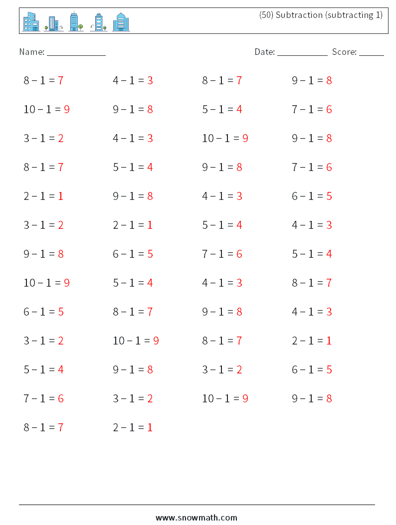 (50) Subtraction (subtracting 1) Maths Worksheets 6 Question, Answer